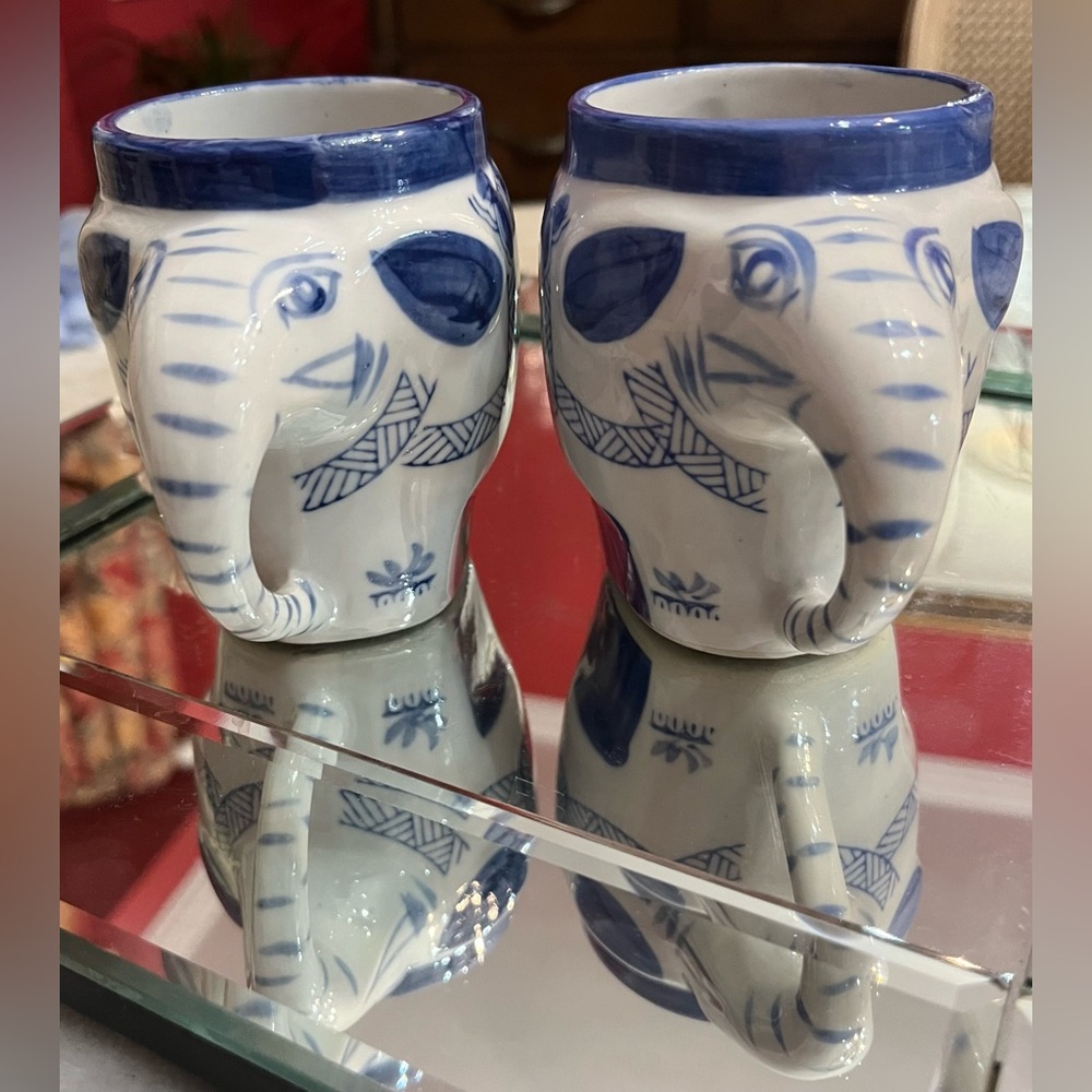 Pair of Vintage "Good Luck" Elephant Porcelain Mugs Pier 1 Imports Blue/White